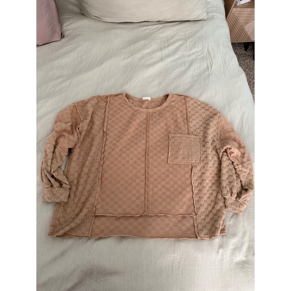 BiB!‎ Top Checkered Pattern Raw Edge Boxy Fit Long Sleeve Pullover - Cute!